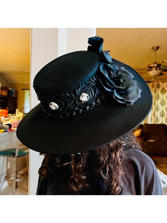 Wool Felt Wide Brim Hat Lace Band & Crystals Floral Accent main image 9